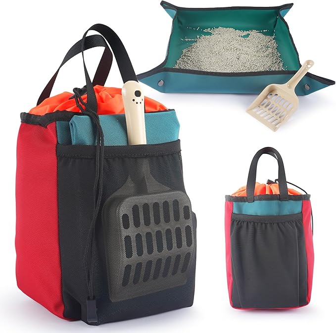 Travel Litter Box for Cats (3in1 Kit) – Foldable Litterbox + Litter Bag + Scooper (Portable Litter Box for Cat Traveling) Collapsible Litterbox for Car Travel with Cat, Camping, Plane