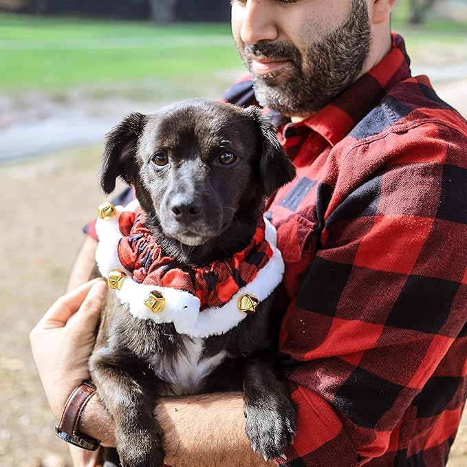 Huxley & Kent Ruff Pet Scrunchy | Buffalo Check (Extra-Large) | Festive Christmas/Holiday Neckwear for Dogs/Cats | Fun Stretchable Costume Accessory | Soft Collar with Bells
