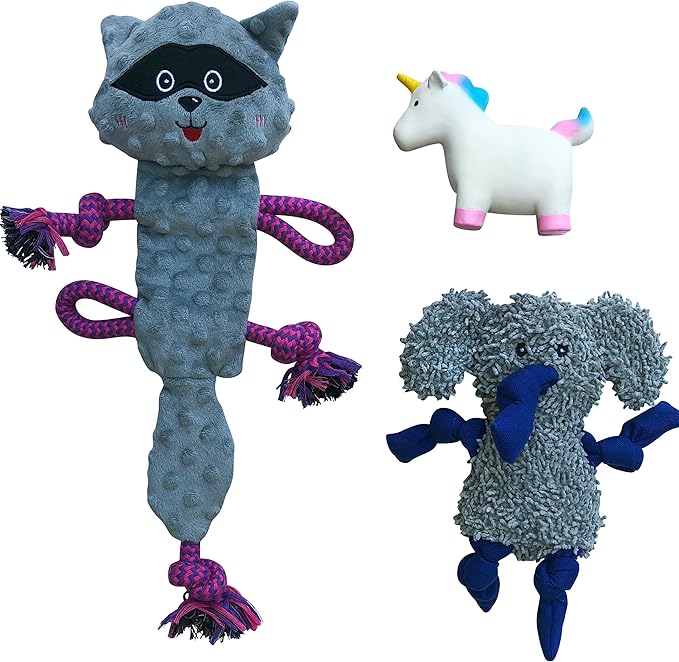 rocket & rex Dog Chew Toy Set for Small to Medium Breeds, Includes a Stuffing Free Rope, Rubber Squeaker and Plush Toy, Reduces Destructive Chewing & Anxiety (Pack of 3)