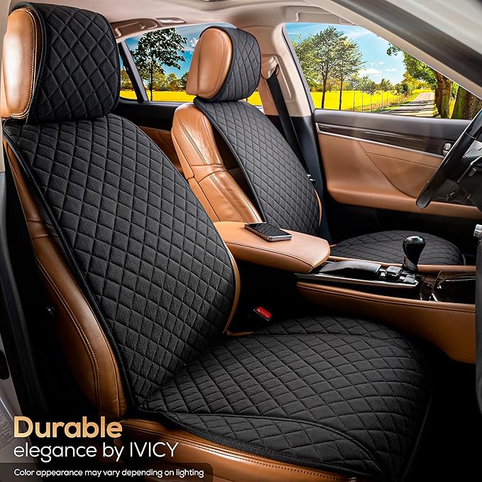 IVICY Faux Linen Car Seat Cover for Cars - Durable & Non-Slip - Front Car Seat Protector Covers for Most Automotive, Vans, SUVs, Trucks - 1 Unit - Black