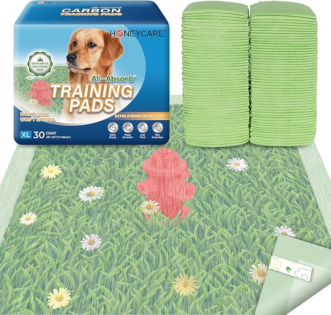 HONEYCARE Dog Training Pads with Grassfield & Fire Hydrant Printing丨Eliminating Urine Odor Puppy Pads 丨 XL Premium Dog Pee Pads (30Count, 28x34 inch)