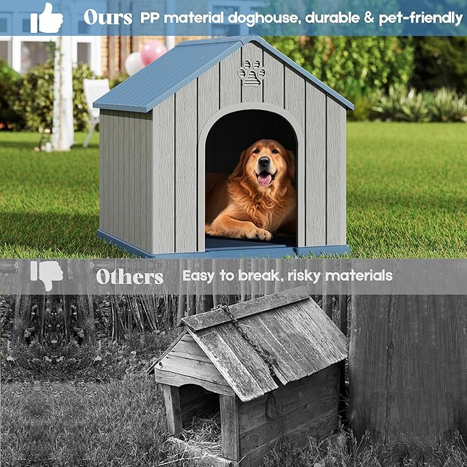 Large Dog House Outdoor Indoor for Medium Large Dogs, Durable Plastic Waterproof Doghouse with Air Vents and Elevated Floor, Easy Clean and Assemble (Blue2, 36.2''L×38''W×38''H)