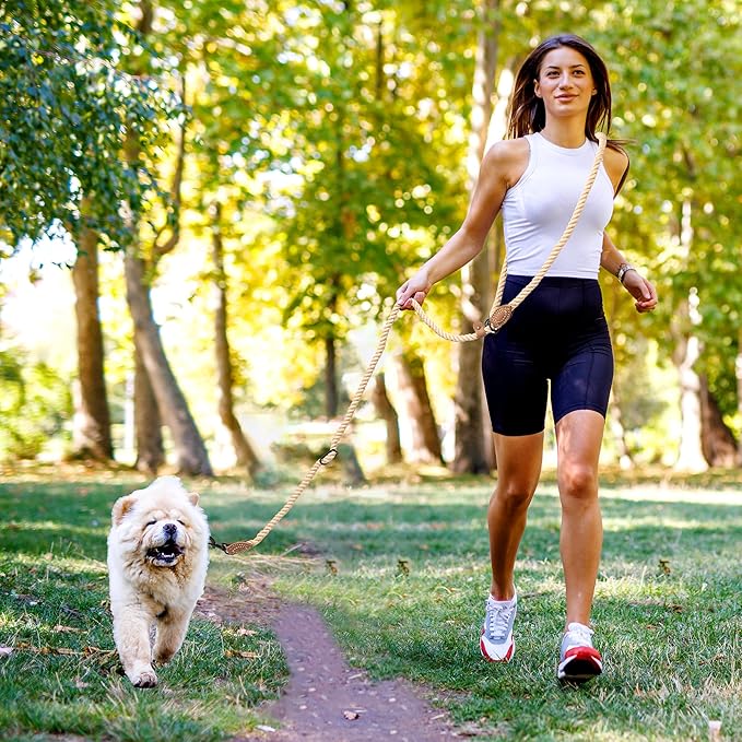 Mile High Life Hands Free Dog Leash, Crossbody Waist Leash with Genuine Leather Connection, Multifunctional Adjustable Slip Lead for Dog Walking Running (Light Brown, 7FT)