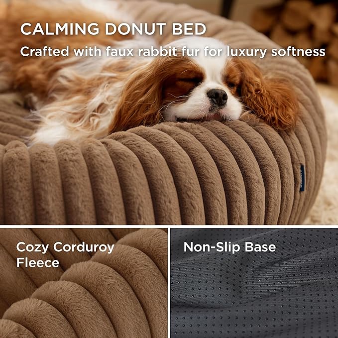 Bedsure Cat beds for Indoor Cats - Donut Dog Beds for Small Dogs with Corduroy Fleece & Anti Slip Bottom, Faux Fur Pet Beds with Washable Removable Cover, Copper Brown, 20x20x6 inches