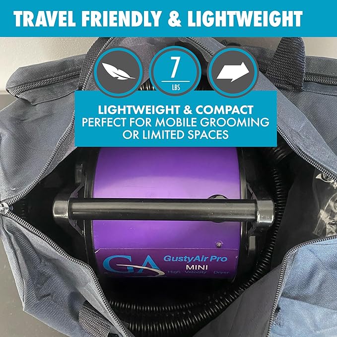 GustyAir Mini Dog Blow Dryer - Professional, Commercial Grade Force Dryer for Groomers - Quiet, High Velocity Air Dryer, Hose Attachments, Variable Speed, No Heating Element - USA Company - Black