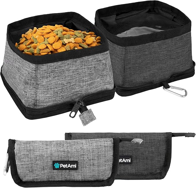 PetAmi Collapsible Dog Bowls 2 Pack, Food and Water Bowls Travel Set, Portable Pet Dish No Spill, Foldable Lightweight BPA Free Leakproof Bowls, Camping Hiking Walking Outdoor Gear Accessories, Gray