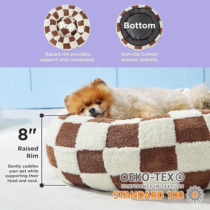 LE SURE Donut Small Dog Bed - Round Cat Beds for Indoor Cats Anti-Anxiety Calming Pet Beds, Washable Cute Modern Beds with Teddy Sherpa Plush & Anti Slip Bottom Brwon