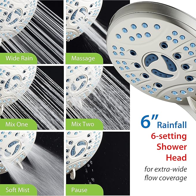 Hotel Spa AquaCare for California As-Seen-On-TV High Pressure Handheld Rain 50-mode 3-way Shower Head Combo with Adjustable Arm, Anti-clog Jets, Tub & Pet Power Wash, 6 ft. Hose, Nickel Finish