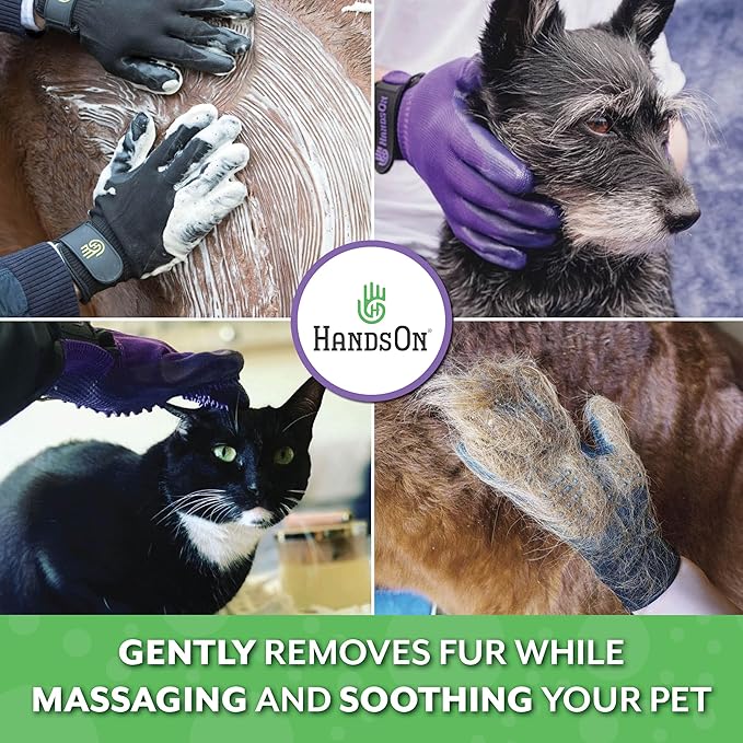 HandsOn Pet Grooming Gloves - #1 Ranked, Award Winning Shedding, Bathing, & Hair Remover Gloves for Cats, Dogs, and Horses (Green / Black, Medium)