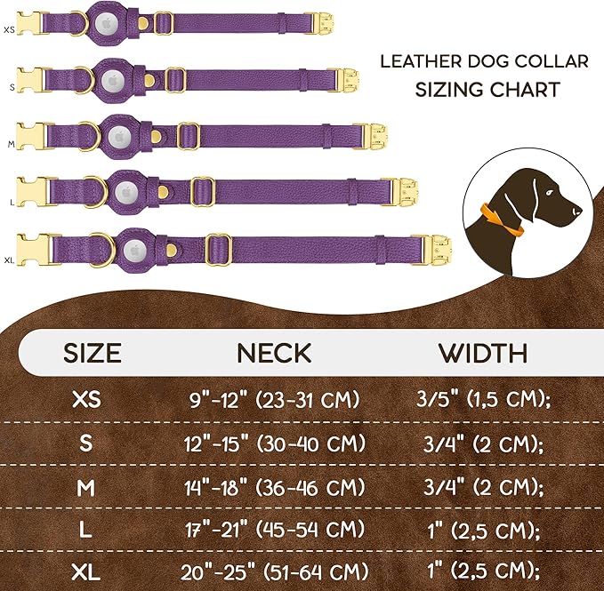 Leather Airtag Dog Collar - Soft Tracking Dog Collar with Apple AirTag Holder and Metal Buckle - Safety GPS Pet Collars for Small Medium Large Dogs Puppy Pink Red (Purple, M, 14"-18" Neck Fit)