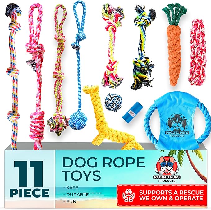 Pacific Pups Products Dog Rope Toys for Medium Dogs 11 Pack - 11 Dog Toy Pack & Puppy Teething Rope Tug of War Dog Toys, Chew Toys to Keep Them Busy, Puppy Chew Ropes