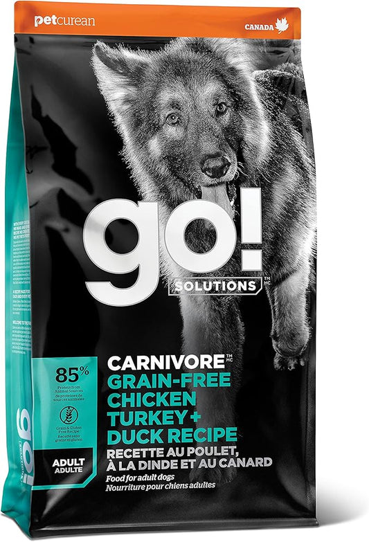 Go! Solutions Carnivore, Grain-Free, Protein Rich Dry Dog Food, Chicken, Turkey and Duck Adult Recipe, 12 lb Bag