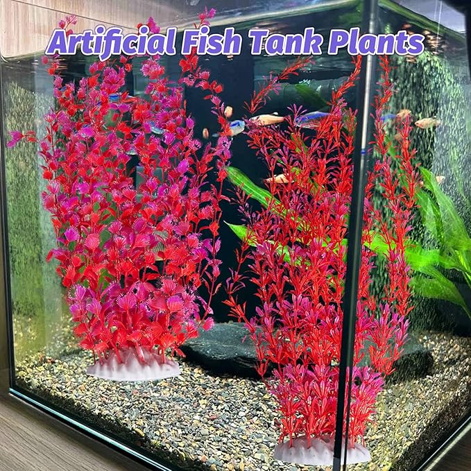 Hamiledyi Aquarium Plastic Plants Aquarium Decor Artificial Fish Tank Plants,Tall Fish Tank Decorations, Extra Large Aquarium Plant 23.6-inch Tall,2PCS（Red）