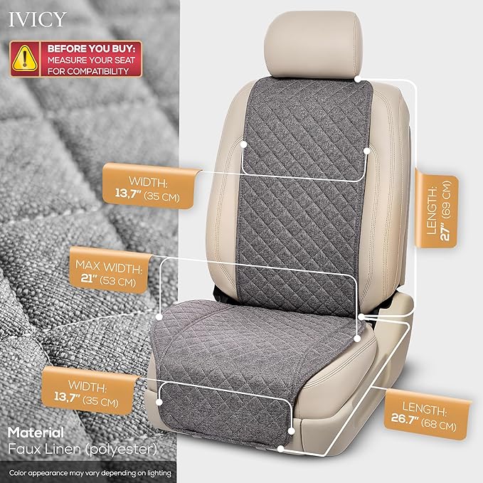 IVICY Faux Linen Car Seat Cover for Cars - Durable & Non-Slip - Front Car Seat Protector Covers for Most Automotive, Vans, SUVs, Trucks - 1 Unit - Cool Gray