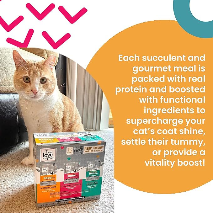 I and love and you Feed Meow Variety Pack - Salmon, Chicken, Tuna - Grain Free, Shredded, No Fillers 3oz Pack of 12