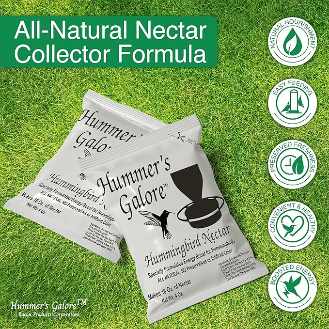 Hummer's Galore Made in USA Hummingbird Food - Ready-to-Mix Hummingbird Nectar, All-Natural Nectar Collector Formula, No Preservatives or Dyes, Makes 64 Ounces (4 Packets Included)