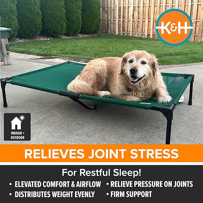 K&H Pet Products Outdoor Elevated Dog Cot, Cooling Raised Bed with Waterproof Breathable Mesh for Large Dogs, Portable Pet Bed with Heavy-Duty Metal Frame, Oversized Hammock Style - Extra-Large Green