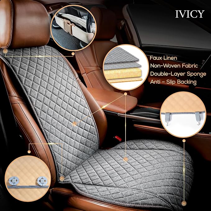 IVICY Faux Linen Car Seat Cover for Cars - Durable & Non-Slip - Front Car Seat Protector Covers for Most Automotive, Vans, SUVs, Trucks - 1 Unit - Cool Gray