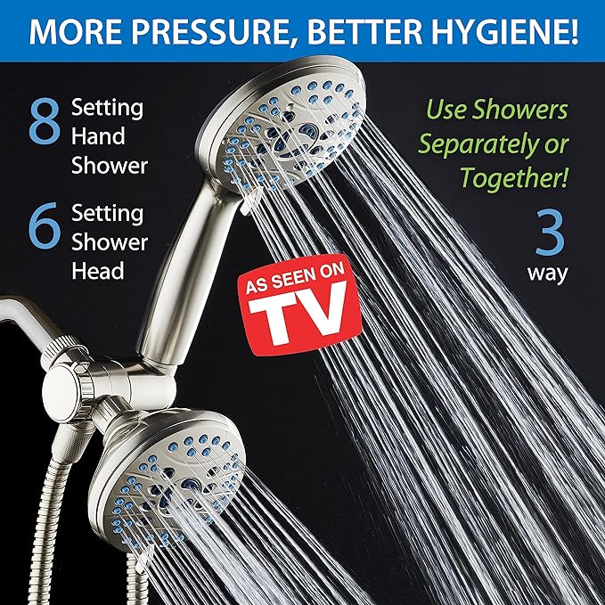 Hotel Spa AquaCare As-Seen-On-TV High Pressure 48-setting Rain & Handheld 3-way Shower Head Combo - Anti-clog Nozzles/Tub, Tile & Pet Power Wash/Extra Long 6 ft. Hose/All Chrome Finish