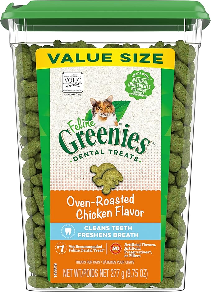 Greenies Feline Adult Dental Cat Treats, Oven Roasted Chicken Flavor, 9.75 oz. Tub