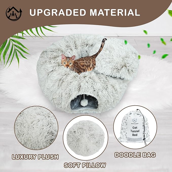 Large Cat Tunnel Bed for Indoor Cats Warm Fluffy Plush Cat Cave Tunnel Bed Collapsible, Washable, 3 Way and Multifunctional with Dangling Balls for Cats, Kittens and Rabbits- Brown