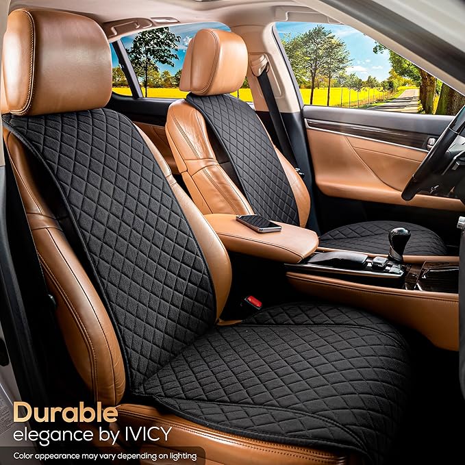 IVICY Faux Linen Car Seat Cover for Cars - Durable & Non-Slip - Front Car Seat Protector Covers for Most Automotive, Vans, SUVs, Trucks - 1 Unit - Black