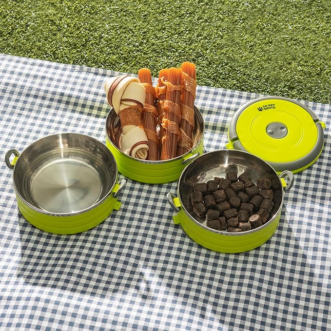 Healthy Human Travel Pet Bento Bowls - Human-Grade Stainless Steel & BPA-Free, Leak-Proof Water & Food Container Set for Dogs & Cats, 2-Pack Interlocking Bowls, Includes Spare Clips & Handle (Green)