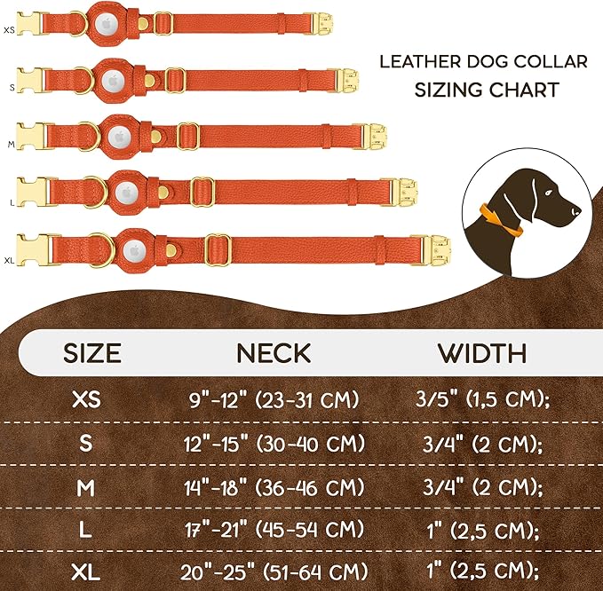 Leather Airtag Dog Collar - Soft Tracking Dog Collar with Apple AirTag Holder and Metal Buckle - Safety GPS Pet Collars for Small Medium Large Dogs Puppy Pink Red (Orange, M, 14"-18" Neck Fit)
