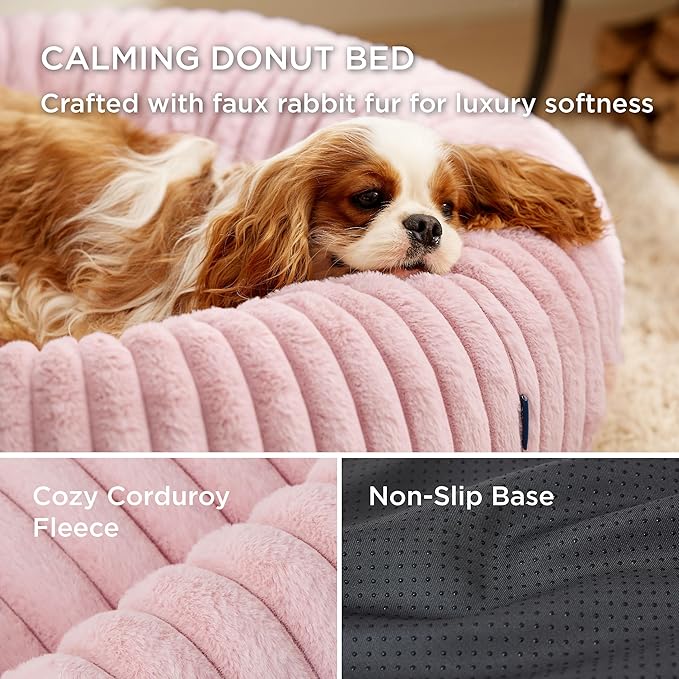 Bedsure Donut Medium Dog Bed - Washable Faux Fur with Corduroy Fleece & Anti Slip Bottom, Round Pet Bed with Removable Cover, Blush Pink, 30x30x8 inches