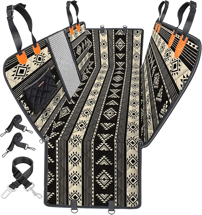 Cshionary100% Waterproof Dog Car Seat Cover - 600D Heavy Durable Dog Seat Cover for Back Seat-Slip Backing, Fits Cars/Trucks/SUVs, Stops Mud/Scratches/Shedding (BoheBlack with Orange)