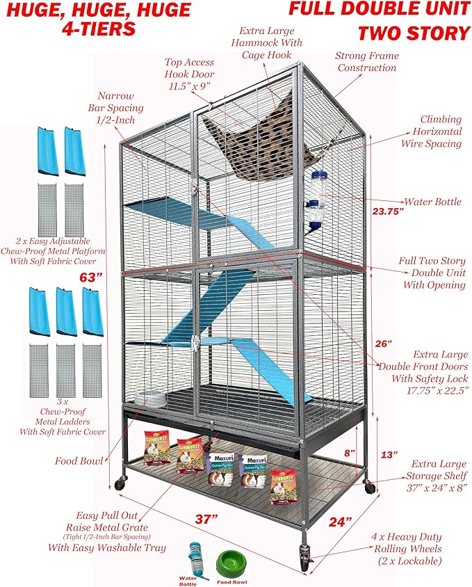 Huge 37"x24"x63"H Deluxe Two Full Story Double Unit Tight 1/2-Inch Bar Spacing X-Large Double Front Doors for Feisty Ferret Hammock Chinchilla Rat Mouse Gerbil Small Animals Critters Rolling Cage