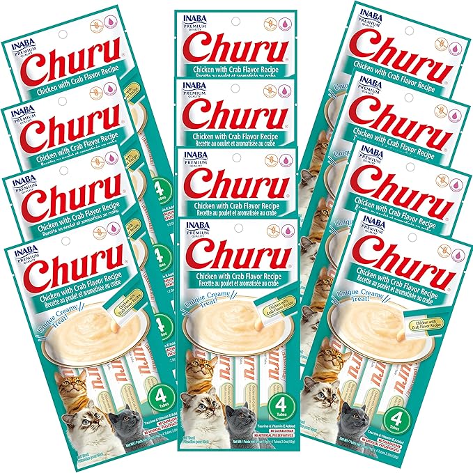 INABA Churu Cat Treats, Grain-Free, Lickable, Squeezable Creamy Purée Cat Treat/Topper with Vitamin E & Taurine, 0.5 Ounces Each Tube, 48 Tubes (4 per Pack), Chicken with Crab Recipe