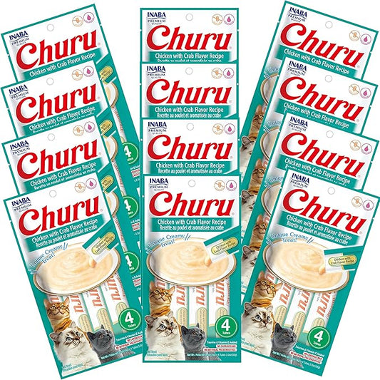 INABA Churu Cat Treats, Grain-Free, Lickable, Squeezable Creamy Purée Cat Treat/Topper with Vitamin E & Taurine, 0.5 Ounces Each Tube, 48 Tubes (4 per Pack), Chicken with Crab Recipe