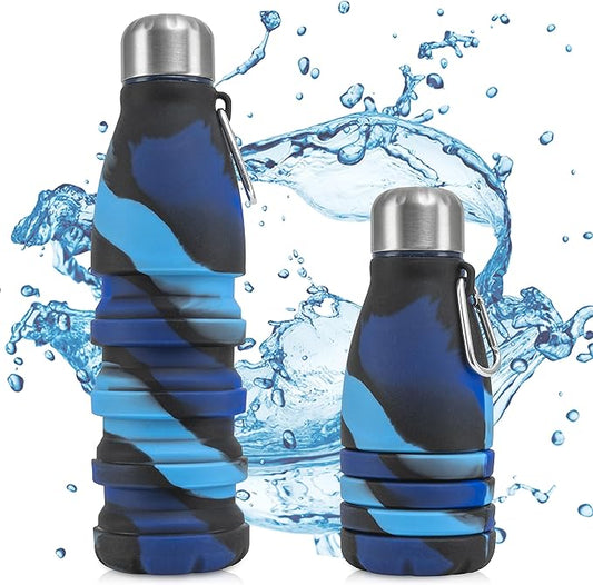 Foldable Drinking Bottle - BPA-free, leak-proof - Ideal festival accessory and practical outdoor companion with carabiner (Dark blue)
