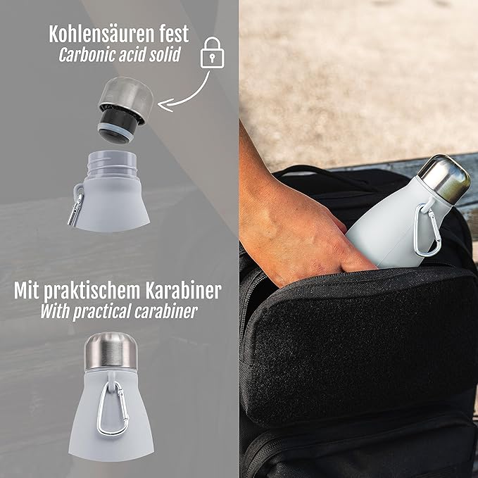 Foldable Drinking Bottle - BPA-free, leak-proof - Ideal festival accessory and practical outdoor companion with carabiner (Grey)