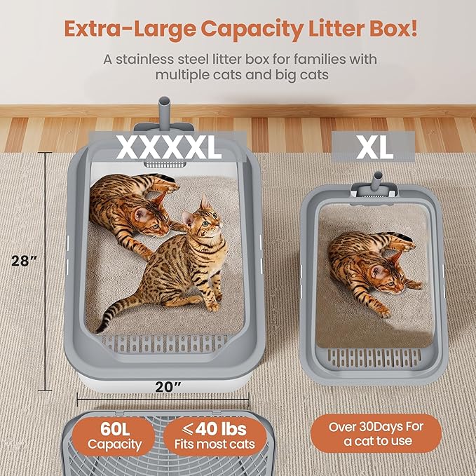 XXXL Stainless Steel Cat Litter Box with Extra Large Litter Box Step,28"X20"X13" Metal Litter Boxs High Sides for Big Cats and Multiple Cats,Includes Litter Scoop & Non-Stick Bottom