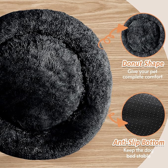 JOLLYVOGUE Medium Calming Dog Bed, Anti-Anxiety Donut Cuddler Cat Bed with Anti-Slip Bottom, Fluffy Faux Fur Machine Washable Pet Cushion for Medium Large Dog & Cat (31")