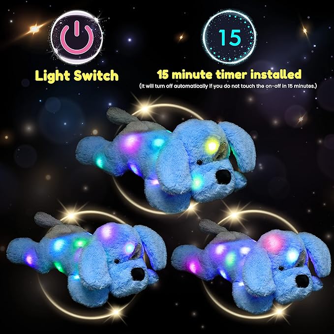 Hopearl LED Plush Puppy Light up Stuffed Animal Dog Floppy Pup Night Lights Glow in The Dark Christmas Winter Birthday Gifts for Kids Toddler Girls, Blue, 17''