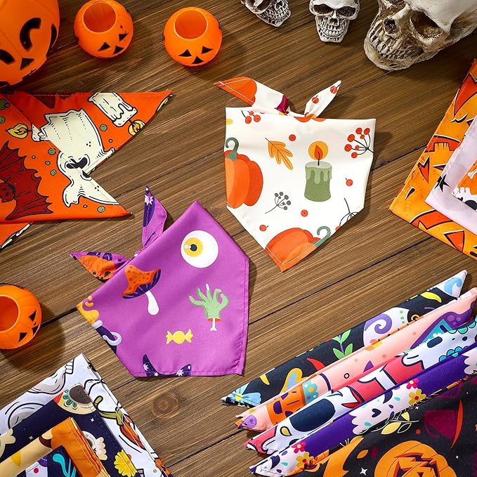 100 Pcs Halloween Dog Bandanas Bulk Pet Bibs Colorful Triangle Scarf Pet Bandanas for Medium Large Dogs Halloween Party Costume Decor