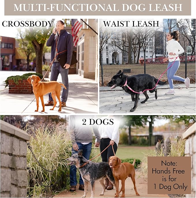 Hands Free Dog Leash, Waist Leash for Dog Walking, Crossbody, Multifunctional, Dog Lead, Running, Pink Adjustable Lead 4.3ft - 7.5ft, Double Lead for 2 Dogs, Dual Handle, Dog Training, 3/8" (10mm).