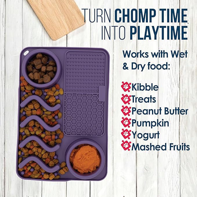Palz&Co Paw Puzzle 2-in-1 Slow Feeder & Lick Mat for Dogs and Cats, Dry and Wet Food, Dishwasher Safe Silicone, Medium 12"x8", Purple