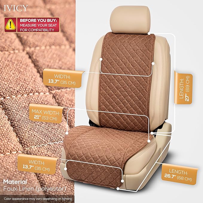 IVICY Faux Linen Car Seat Cover for Cars - Durable & Non-Slip - Front Car Seat Protector Covers for Most Automotive, Vans, SUVs, Trucks - 1 Unit – Light Brown