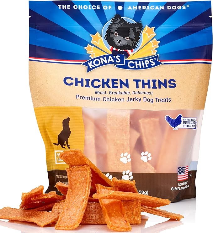 KONA'S CHIPS Chicken Thins; Chicken Jerky Dog Treats, Made in The USA only