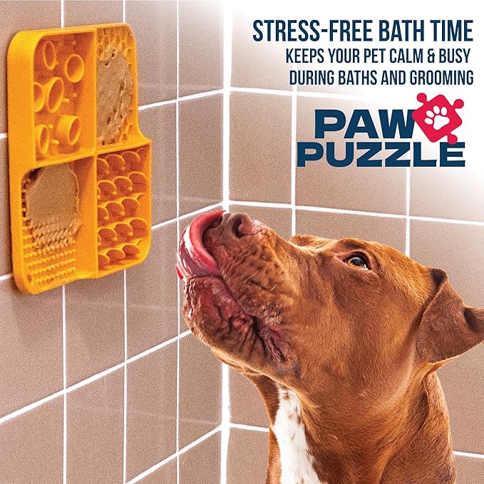 Palz&Co Paw Puzzle 2-in-1 Slow Feeder & Lick Mat for Dogs and Cats, Dry and Wet Food, Dishwasher Safe Silicone, Small 8"x8", Orange