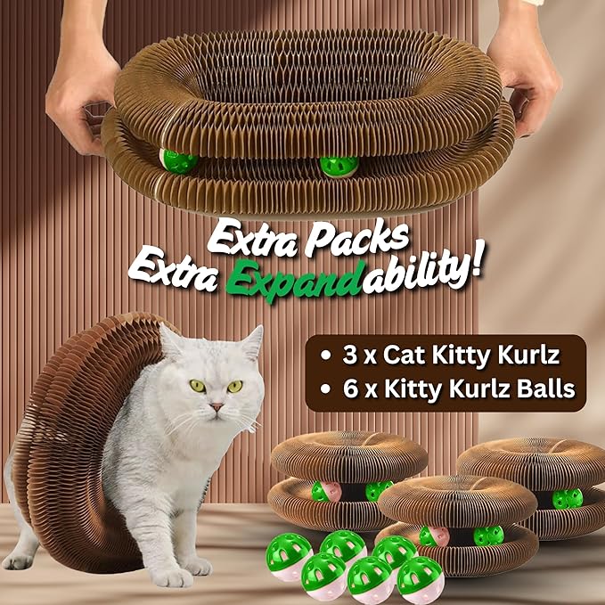 Greenwich Kitty Kurlz Reversible Infinity Cat Toy – Durable Magic Organ Made from Recycled Corrugated Cardboard | Eco-Friendly, Long-Lasting Scratcher & Cat Treat Puzzle Play Toy for Cats (Pack of 3)