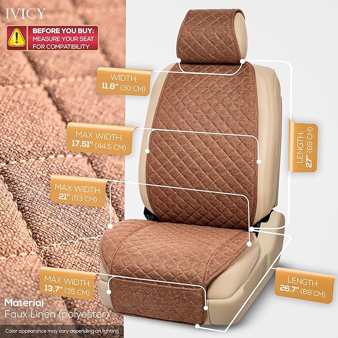 IVICY Faux Linen Car Seat Cover for Cars - Durable & Non-Slip - Front Car Seat Protector Covers for Most Automotive, Vans, SUVs, Trucks - 1 Unit – Light Brown