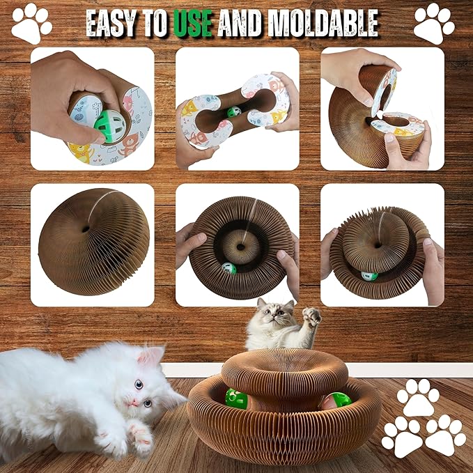 Greenwich Kitty Kurlz Reversible Infinity Cat Toy – Durable Magic Organ Made from Recycled Corrugated Cardboard | Eco-Friendly, Long-Lasting Scratcher & Cat Treat Puzzle Play Toy for Cats (Pack of 3)