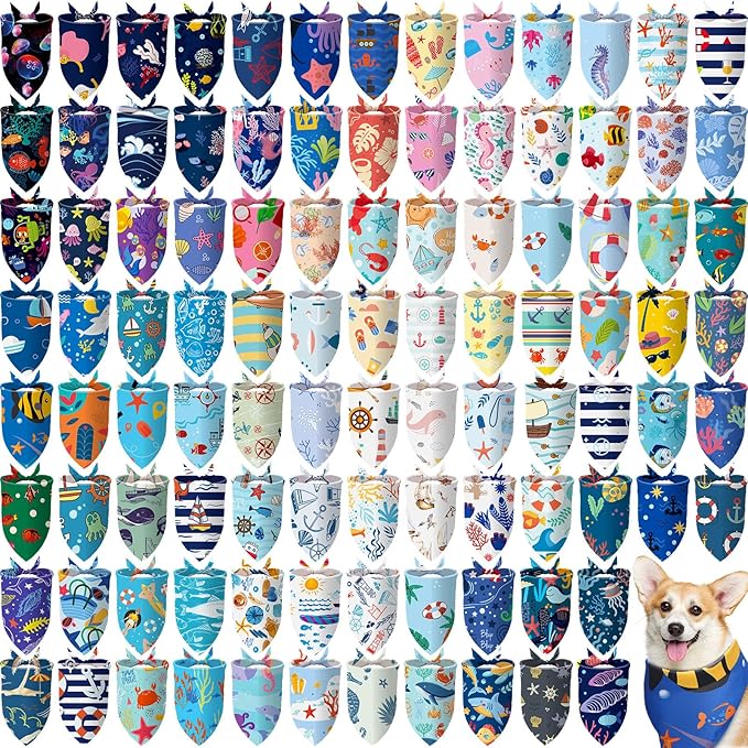 100 Pcs Dog Bandanas Bulk Pet Bibs Colorful Triangle Scarf Pet Bandanas for Medium Large Dogs Spring Summer Birthday Costume Decoration (Ocean Theme)