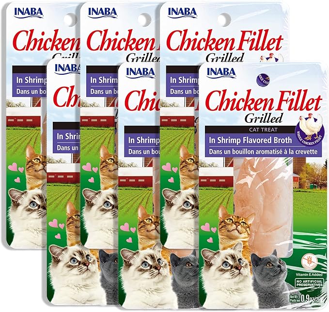 INABA Premium Hand-Cut Grilled Chicken Fillet Cat Treats/Topper with Vitamin E and Green Tea Extract, 0.9 Ounces Each, Pack of 6, Shrimp Broth