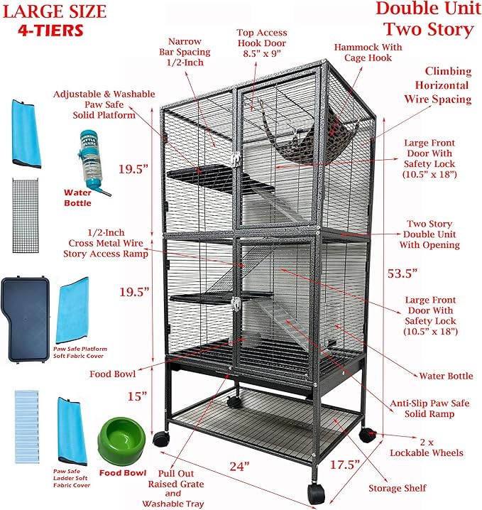 Large Two Story Double Unit Four Tiers Small Animal Critter Home Cage Tight 1/2-Inch Bar Spacing for Feisty Ferret Hammock Chinchilla Rat Mice Squirrel Rabbit Sugar Glider with Rolling Stand